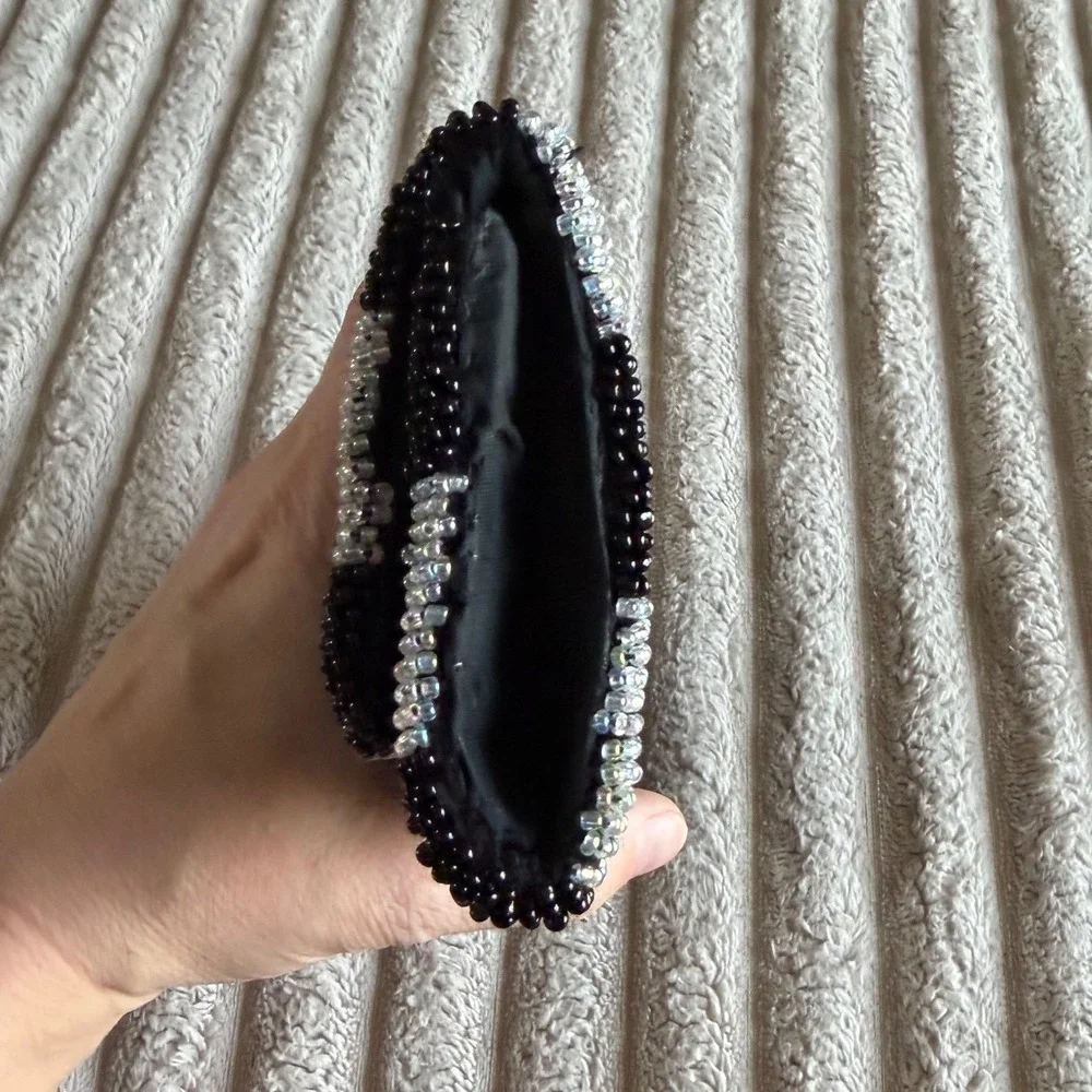 Vintage Black Velvet Beaded‎ Clutch Rhinestone Medallion Evening Bag Baguette